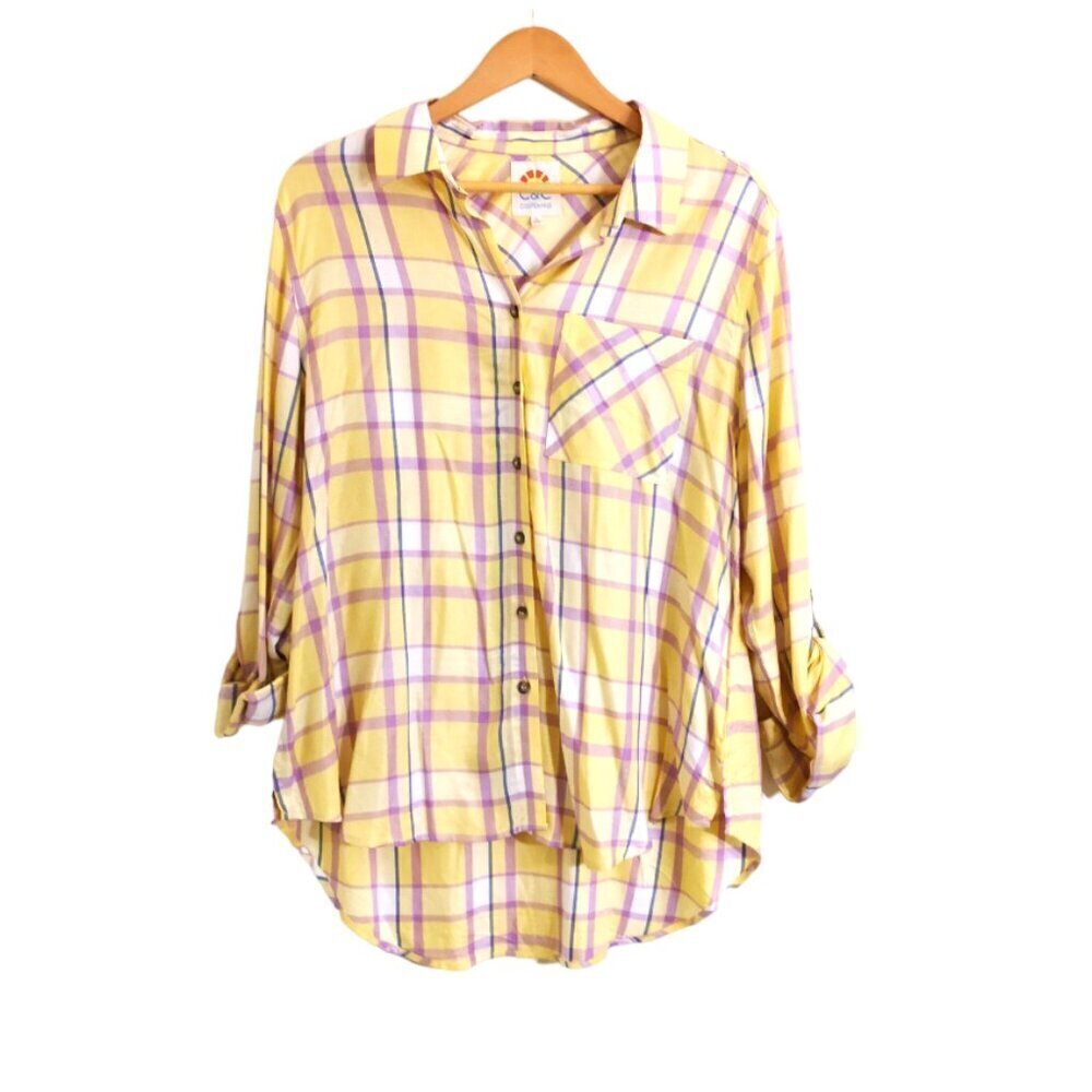 NWOT C&C California Long Sleeve Button Down Roll Tab High Low Plaid Shirt Sz L